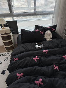 Sweet Cool Girl Heart Pink Bow Tie Washed Cotton Towel Set Black Coverlet Dormitory Three Piece Set Bedding Quilt Cover Pillowcase