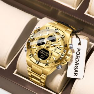 POEDAGAR Trendy Men Quartz Clock Week Date Stainless Steel Man Watch Waterproof LED Electronic Digital Sport Mens Watches Reloj