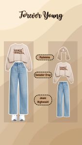 OOTD One Set 3in1 Kekinian (Sweater Crop Wanita + Celana Jeans Highwaist + Pashmina Kaos Jersey) - KA020