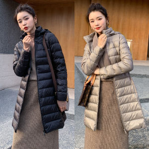 Anti-Season Autumn and Winter New Lightweight down Coat Womens Mid Length Long Length White Duck down Korean Style Lightweight Slimming Coat Detachable Cap