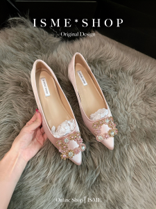 Elevated 5cm Diamond Buckle Satin French Pointed Toe Snowflake Elegant Low Cut Wedding Commuter Shoes New 2024 Fashion Single Shoes