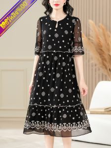 ชุดเดรสไหมปักลาย ทรงหลวม ยาวถึงเข่า สำหรับผู้หญิง ชุดเดรสไหมไหมพรมลายดอกไม้ ทรงเอ แขนยาว ปกกลม ฤดูร้อน 2024