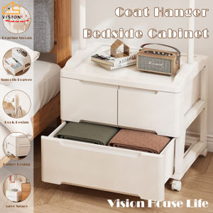 Vision Floor-standing Bedside Cabinet with Clothes Stand Hanger Bedroom Drawer Type Storage Cabinet Movable Double Layer Wardrobe Storage Organizer