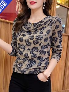 Spring New Loose Long Sleeve Mesh Top Womens Printed Casual Versatile Base Layer Shirt Moms Style Comfortable Breathable T-shirt