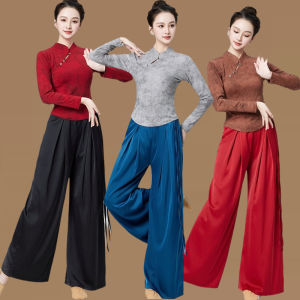Classical Dance Performance Costume Wide Leg Pants Practice Suit Cheongsam High Collar Long Sleeve Womens Square Dance Outfit