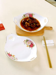 จานดินเผาสไตล์ยุโรปแบบมีหูสองข้าง จานอาหาร จานดินเผาสำหรับใช้ในบ้าน เครื่องประดับตกแต่งสุดหรู จานลึก จานเสื้อชาม