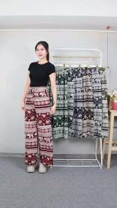 กางเกงช้าง เอวยางยืดใส่สบาย ทรงสวย ผ้าพริ้ว ไม่ร้อน ผ้าไหมอิตาลิ มีกระเป๋า p9373#