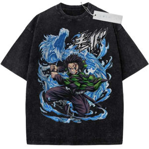 Bandai | 2026 Summer Mens Black Washed T - Shirt Demon Slayer Tanjiro Blue Wolf Water Breathing High - Quality Fabric for Casual