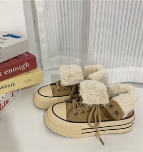 Giày Cao Đến Mắt Cá Chân Đế Dày Mùa Đông 2025 Cho Nữ Thường Ngày Đa Năng Nỉ Lót Lông Cừu Dày Ấm Áp Dép Lớn Bằng Vải Cotton