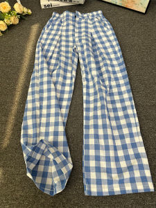 Quần Ống Đứng Kẻ Caro Mùa Hè Mỏng Rộng Rãi Cho Nam Phong Cách Lười Biếng Quần Ống Rộng Xếp Nếp Màu Xanh Trắng Đa Dopamine