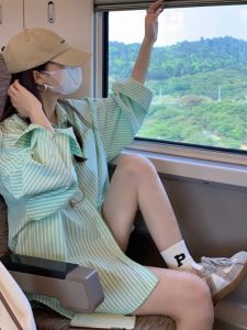 Stylish Elegance Loose Versatile French Design Green Striped Shirt