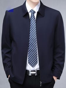 ROMON | Lormen Mens Administrative Casual Jacket Spring Autumn New Style Mid-aged Dads Fashion Lapel Zipper Coat Polyester Fiber