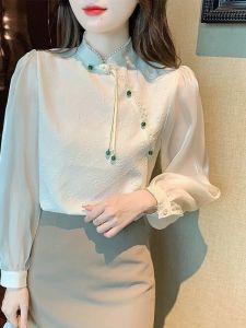 New Chinese Style Retro Silk Shirt Womens Spring Autumn New Model High-End Feeling Button Flag Dress Top Ladies Shirt