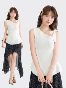 Sweet And Spicy Knitted Crop Top with Shoulder Bows And Waist Cinching Advanced Summer Feel Fashionable Slimming Design