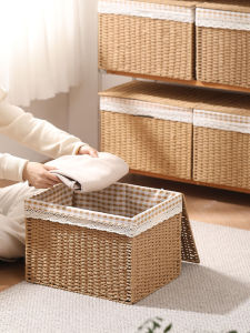 Large Size Woven Storage Box with Lid for Home Use Clothing And Miscellaneous Items Storage Basket Vine Weave Storage Box