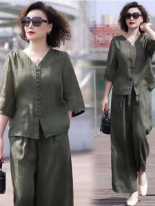 Slimming Womens Casual Summer Fashion Set 2026 New Style Korean Version Mid-aged Mom Top Wide Leg Pants Two-piece Set