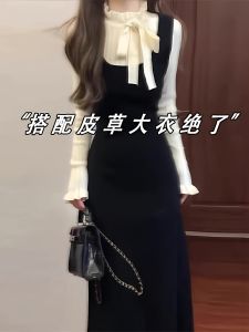 French Style Knitted Slim Fit Long Sleeve Dress Womens Fashion High Waist A-Line Skirt Butterfly Knot Autumn New Arrival