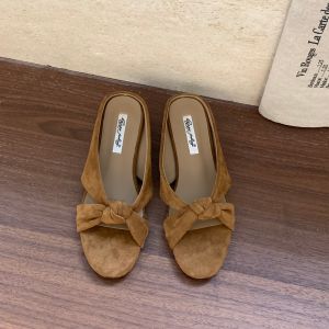 Faux Suede Tied Small Heel Square Toe Flat Sandals