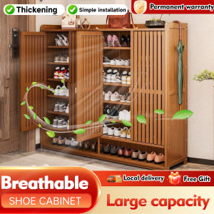 🔥SG Local Seller🔥2025 Upgrade Wood Bamboo Shoe Rack Cabinet With Door Storage Organiser Shelves Entryway Grille Breathable Thickened Laminate Shoe Storage