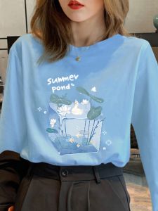 Áo Thun Nữ Dài Tay Mùa Xuân Thu Màu Xanh Nhạt Rộng Rãi Phong Cách HongKong Thường Ngày Cổ Tròn in Họa Tiết Polyester