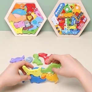 GF Puzzle 3D Hexagon hewan Wooden Montessori Wooden Chunky Hexagon Puzzle Mencocokan Bentuk Karakter