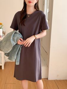 Fashionable Korean Style Pure Cotton Short Sleeve T-Shirt Dress Womens Loose Casual plus Size Midi Skirt Summer Dress