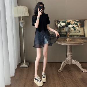 Fashionable Mesh Splice Mid-Length Top with Short Jeans Two-Piece Set Women Summer Outfit Casual Sportswear round Neck Short Sleeve