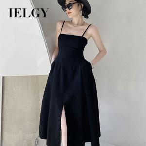 IELGY black retro hepburn style slit sling dress female high-end french design sense niche high waist little black dress