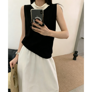YUEZHONGWEI | Áo Thun Dệt Kim Cổ Halter Mỏng Hợp Thân Kích Thước Nhỏ Thiết Kế Giả Hai Mảnh