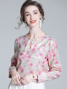 New Chinese Style Womens T-shirt Retro Button Design Light National Style Pink Top Elegant Ladylike Commute Style Silk Fabric