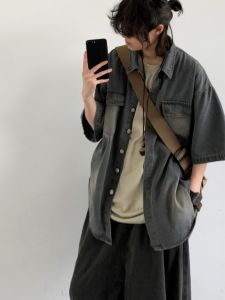 Washed Vintage Short Sleeve Oxford Shirt Casual Loose Fit Turn-down Collar Workwear Jacket for Men And Women Summer Style