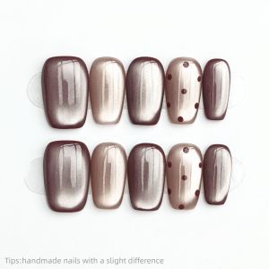 10pcs Handmade Brown Silver Polka Dot Press on Nails Square Full Cover Wearable Reusable Elegant False Nails 2026