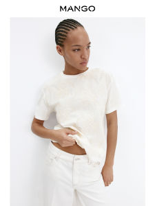 Mango | Áo Thun Cổ Tròn Dáng Suông Nữ Thu Đông Cotton Thêu Hoa