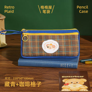 Cute Plaid Animal Label Pencil Case Kawaii Pencil Pouch Large Capacity Portable Handheld Girls Stationery Bag Gift For Student