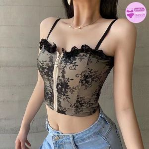 [ครอปสายเดี่ยว เสื้อครอปลายลูกไม้ พร้อมฟองน้ำ L1016]