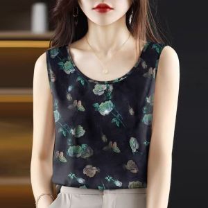Womens Strap Vest Summer New Loose Sleeveless Silk Ice Base Shirt Print Casual Outerwear Top Fashionable Commute Style