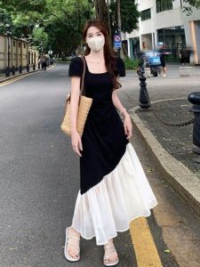 เอวสูงโพลีเอสเตอร์แขนสั้นชุดเดรสทรงเอสําหรับผู้หญิงขนาดบวกสไตล์ฝรั่งเศสฤดูร้อนเสื้อผ้าทํางานลําลองพร้อมคอสี่เหลี่ยม