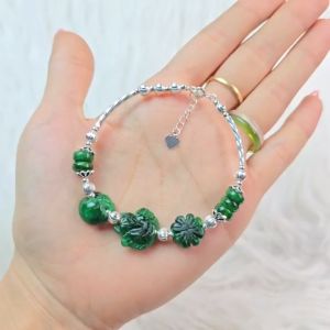 Lắc bạc ngũ điếu cỏ 4 lá hồ ly túi tiền Ngọc Cẩm Thạch Sơn Thủy dây xâu lõi bạc freesize - Phong Thuỷ TUDO