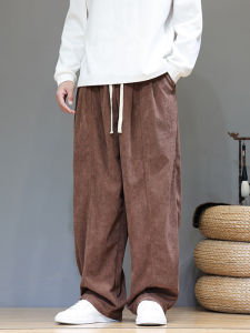 Corduroy Wide Leg Pants Mens Autumn Winter Straight Tube Loose Harlan Trousers Coffee Color Retro Style Hanfu Casual Pants
