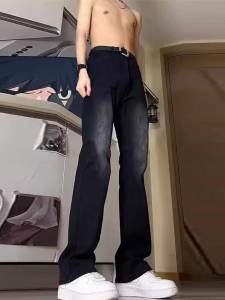 Black Gradient Washed Mens Jeans High Street Straight Leg Bell Bottom Casual Pants Autumn Trendy Brand Versatile Loose Fit