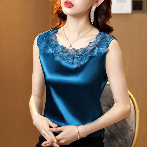 DAIXIANGFEIZI | Lace Trimmed Silk Sleeveless Top Loose Satin