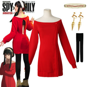 Anime SPY×FAMILY Yor Forger Cosplay Costume For Women Daily Red Knit Sweater Dress Off Shoulder Long Sleeved Pullover With Earrings Pantyhose Headdress Wrap Chest