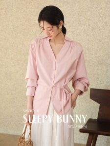 French Style V-Neck Tie-Waist Ruffle Shirt