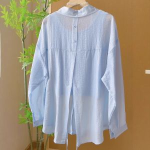 เสื้อเชิ้ตคอโปโลแขนยาวป้องกันแสงแดดสำหรับผู้หญิงในช่วงฤดูร้อน สีฟ้า น้ำหนักเบา ระบายอากาศได้ดี เสื้อคลุมบาง สไตล์ทำงาน แขนยาว ปกโปโล แขนยาว
