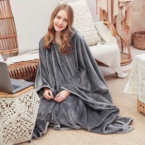 Warm Flannel Office Wearable Shawl Air Conditioned Nap Home Meditation Blanket Hat Cowl Cloak Woolen Blanket Modern Simple Style Polyester Fiber