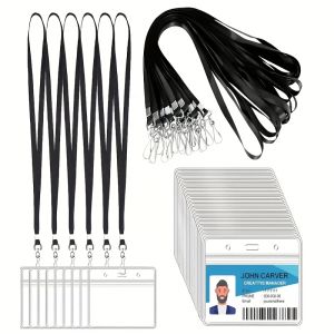 transparent plastic horizontal name tags with ID clip and lanyard for office team school staff volunteers