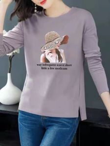 Long Sleeve Womens T-Shirt Base Layer Loose Fit Korean Style plus Size Anti-Uv Face Scarf Denim Fabric Autumn Wear for Middle-Aged Women