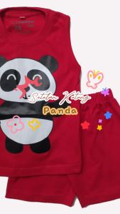 Setelan Kaos Kutung / Singlet Anak Bahan Katun untuk Anak Usia 1-6 Tahun Hewan Panda Warna Merah