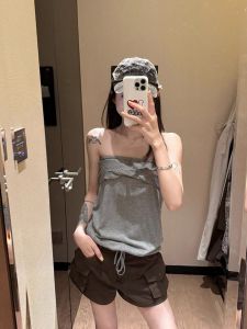 VKSOD | Casual Style Grey Asymmetrical Strapless Vest 2025 Summer New Design Slim Fit Sleeveless Top Trendy Leisure Fashion