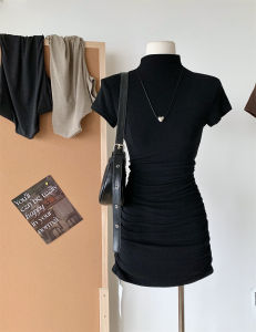 ชุดเดรสสั้นคอตั้งทรงเข้ารูปแขนสั้นผ้าฝ้ายผสมสำหรับผู้หญิง ฤดูใบไม้ผลิและฤดูร้อน 2024 ชุดเดรสสั้นทรงเอเอวสูง